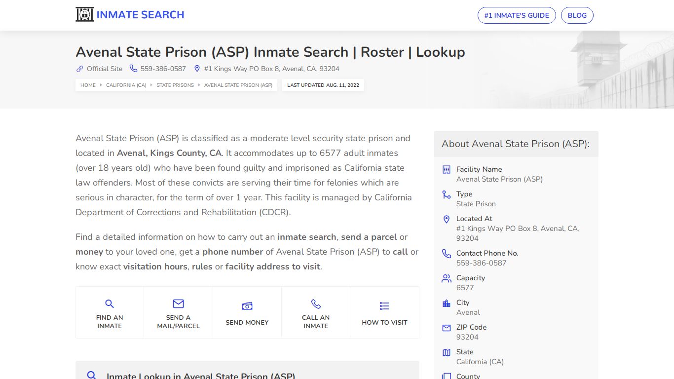 Avenal State Prison (ASP) Inmate Search | Roster | Lookup