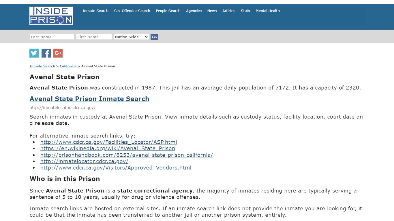 Avenal State Prison - California - Inmate Search